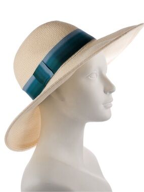 Eugina Kim Wide Brim Straw Hat with Teal Ribbon